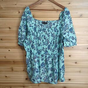 Lane Bryant Womens Top 28 Blue Patterned Smocked Blouse